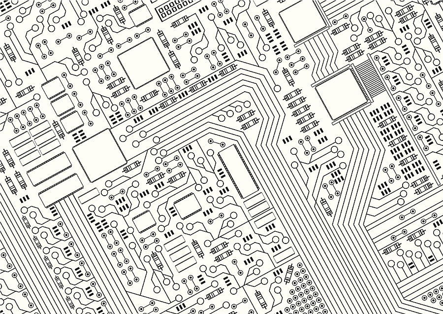 A black and white picture of a circuit board Drawing by Liangpv