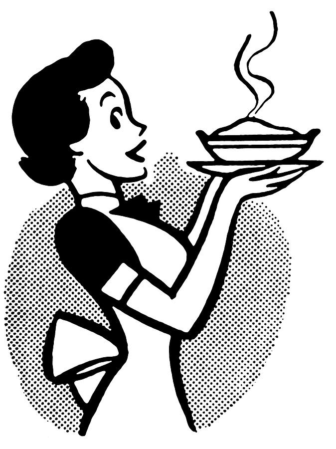 A black and white version of a vintage cartoon of a woman holding a hot pie Drawing by Coco Flamingo