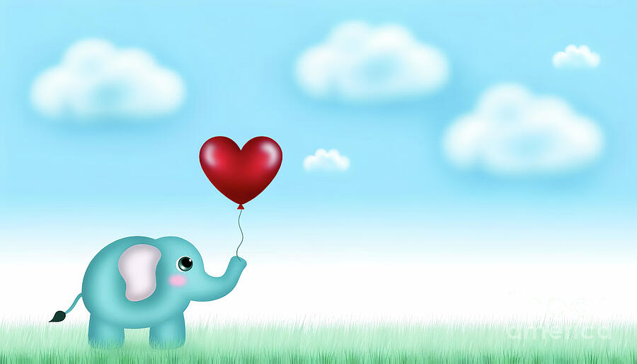 A blue elephant tenderly grips a red heart balloon amidst a peaceful. Digital Art by Odon Czintos