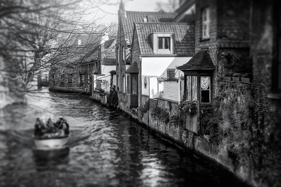 A Boat Trip in Bruges Belgium Black and White  Photograph by Carol Japp