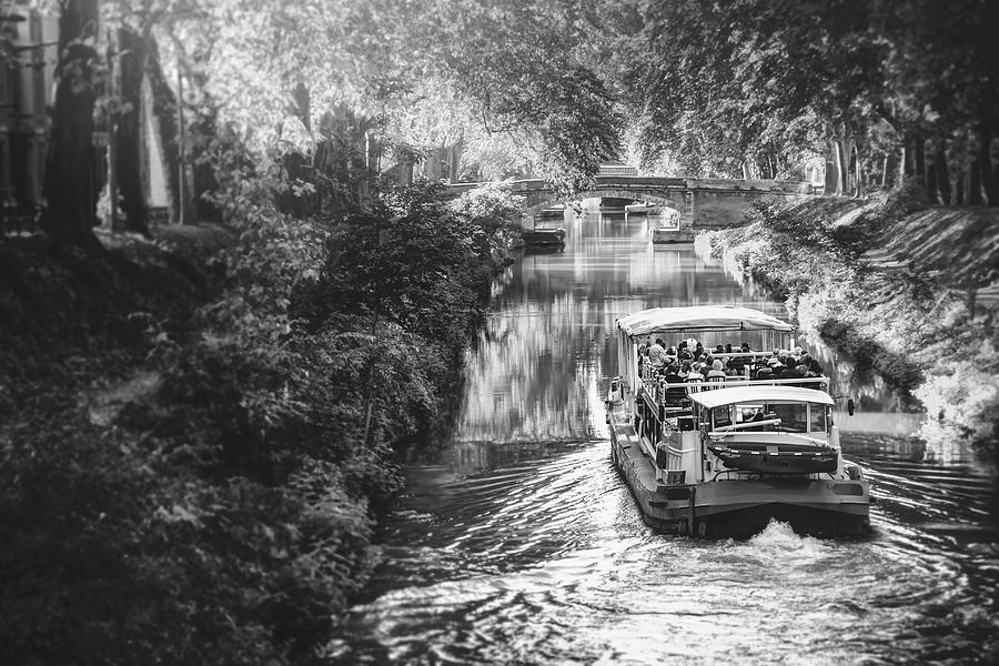 A Boat Trip on Canal de Brienne Toulouse France Black and White  Photograph by Carol Japp