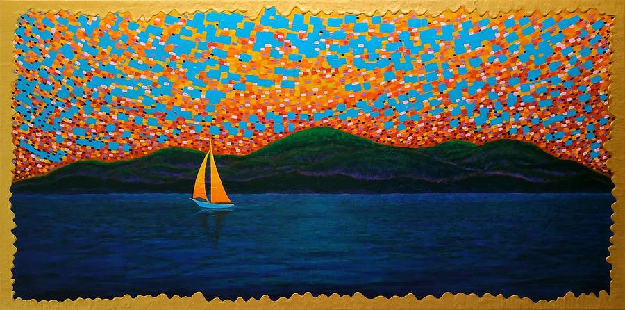 A Boat With An Orange Sail. Painting