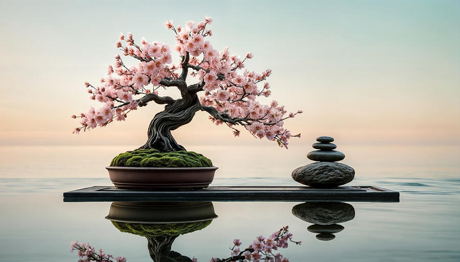 A Bonsai Tree Adorned With Delicate Pink Blossoms Stands Gracefully On A Wooden Platform Digital Art