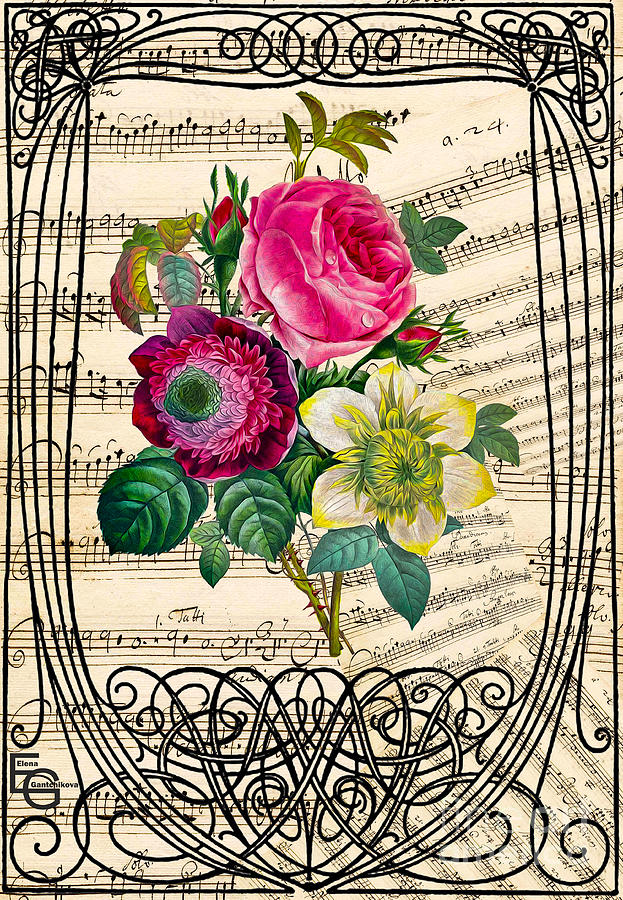 A bouquet of roses on a musical score framed by an art nouveau, belle epoque ornament. Mixed Media by Elena Gantchikova