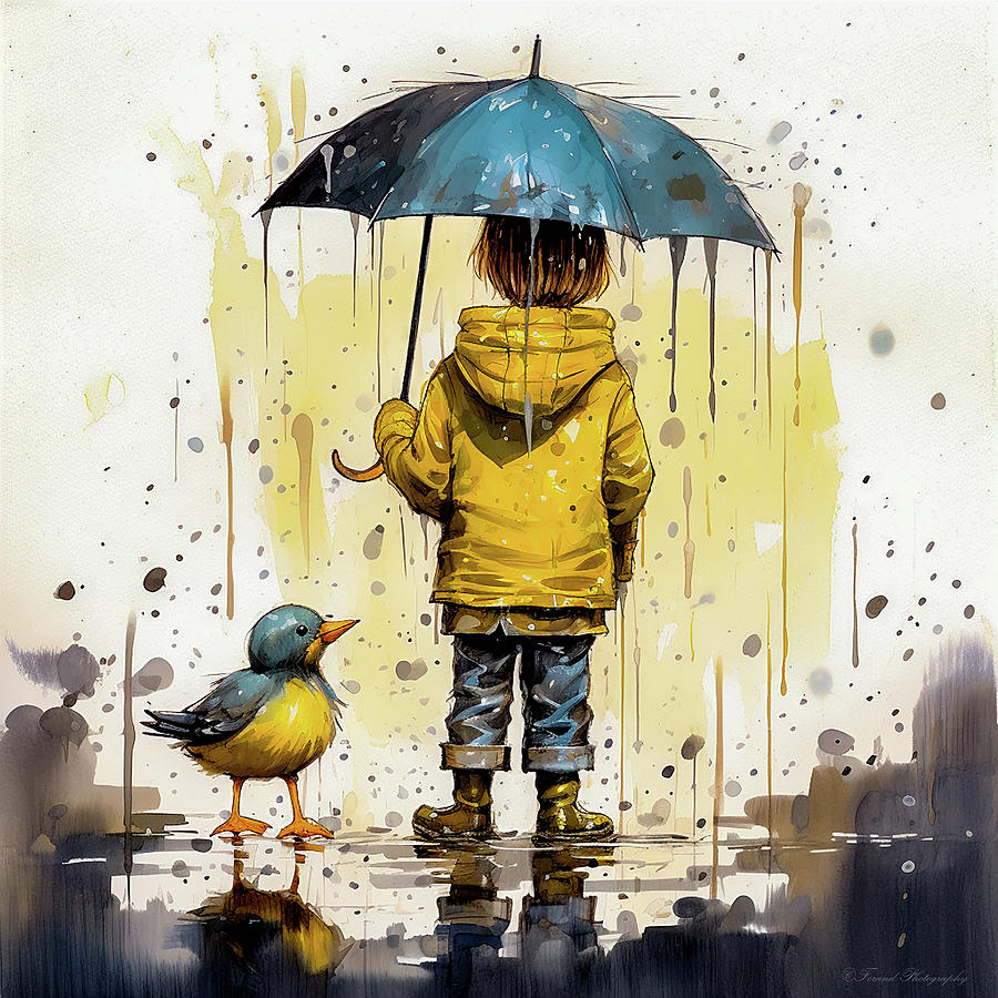 A Boy and His Duck Playing In The Rain Digital Art by Debra Forand