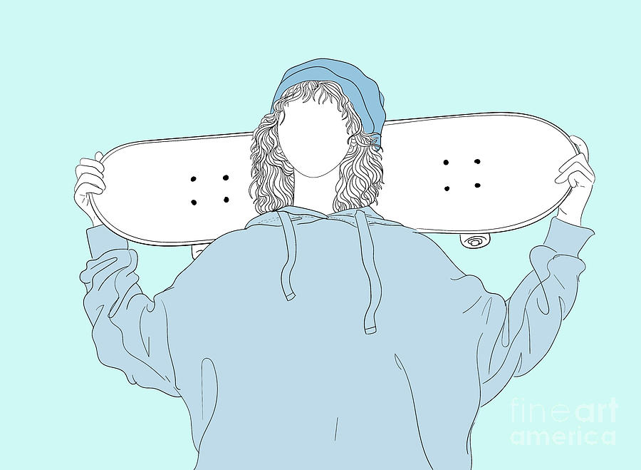 A Boy Holding A Skateboard - Line Art Graphic Illustration Artwork Digital Art by Sambel Pedes