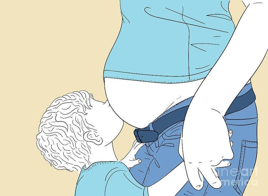 A Boy Kissing His Mothers Stomach - Line Art Graphic Illustration Artwork Digital Art by Sambel Pedes