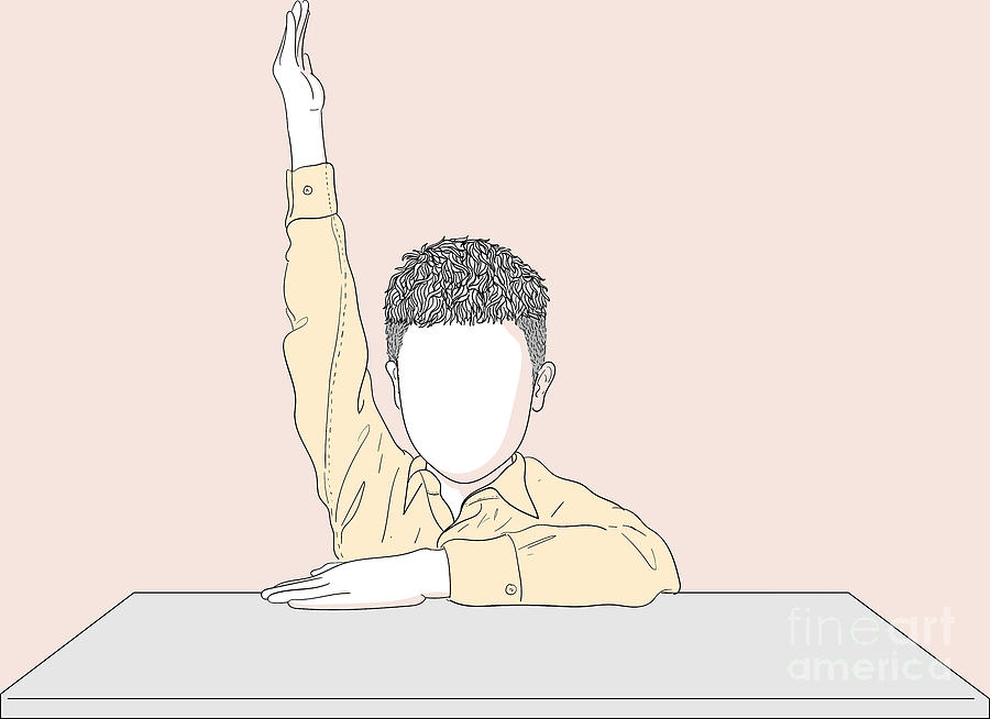 A Boy Raising His Hand On Classroom - Line Art Graphic Illustration Artwork Digital Art by Sambel Pedes
