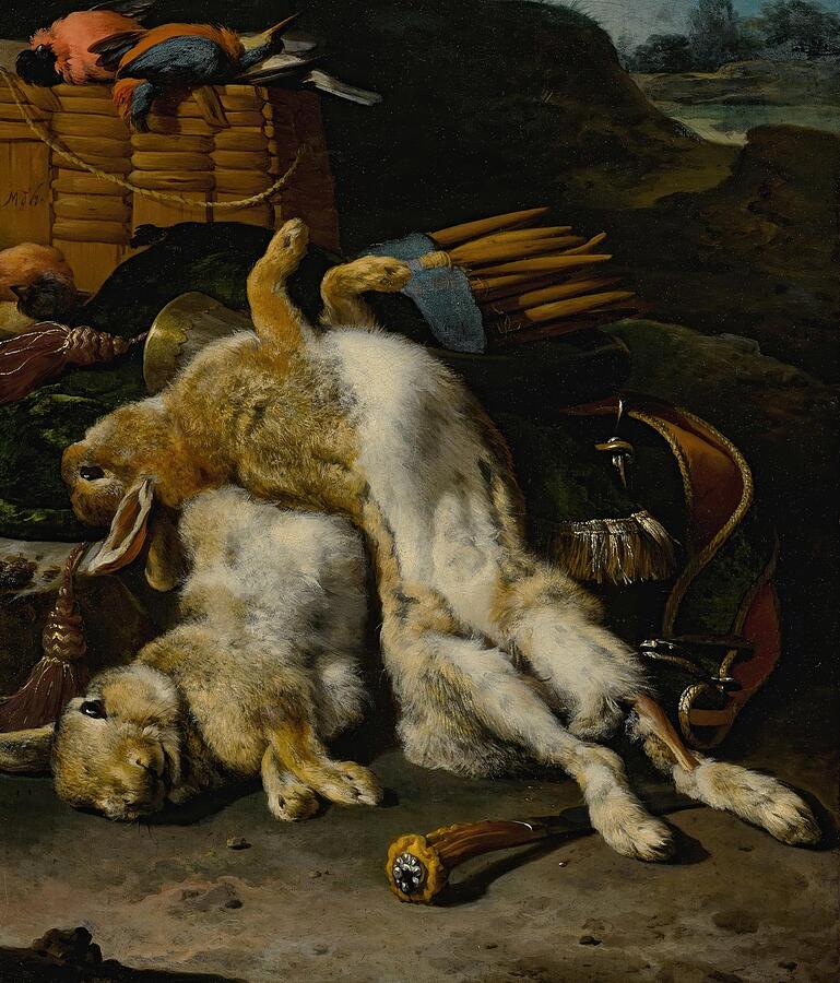 A Brace Of Rabbits And Small Birds With Hunting Equipment In A Landscape Painting by Melchior dHondecoeter Dutch