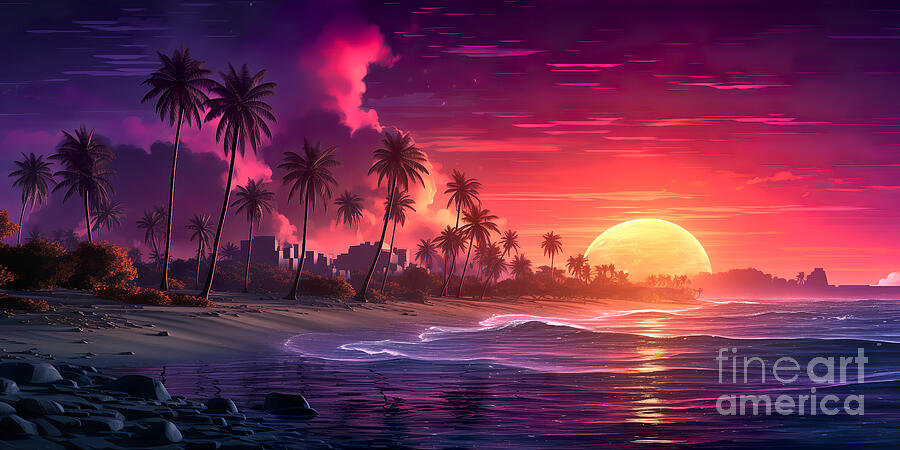Sunset Digital Art - A breathtaking sunset bathes a tropical beach in vivid hues of purple and pink by Odon Czintos
