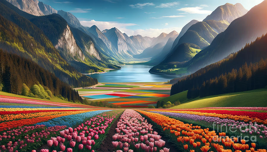 A breathtaking valley with vibrant tulip fields in the foreground  Digital Art by Odon Czintos