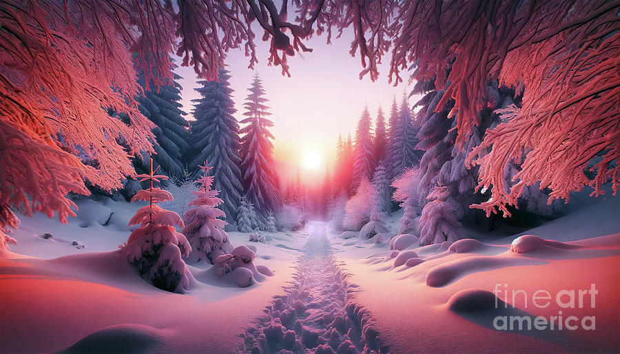 A breathtaking winter sunrise illuminates a snow-covered forest Digital Art by Odon Czintos