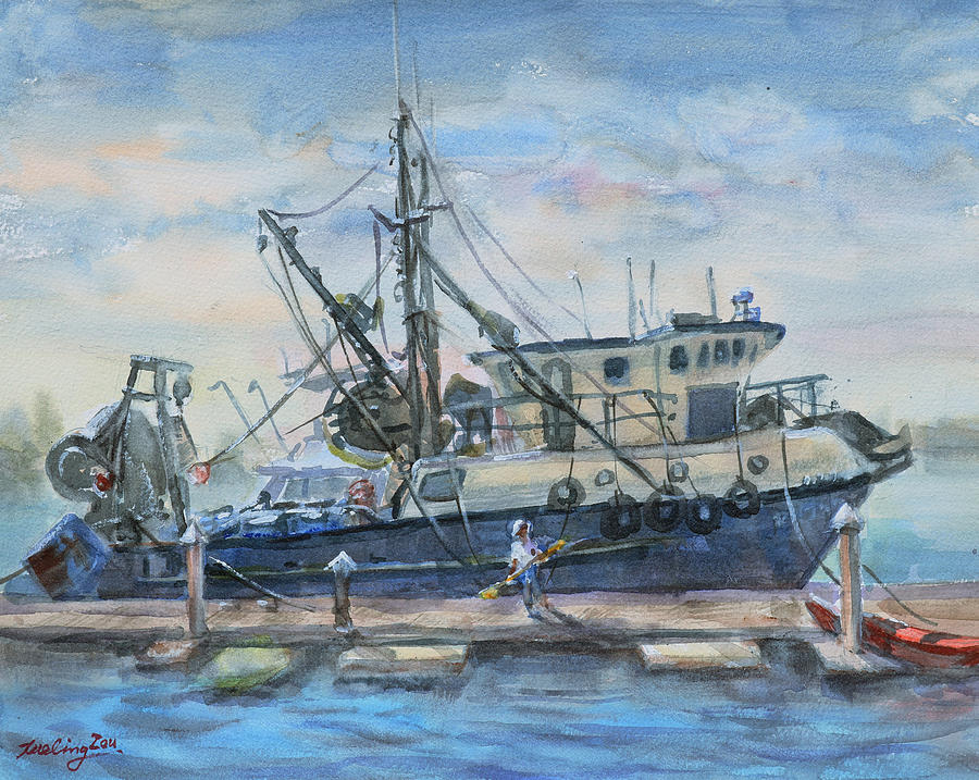Fishing Boat Painting - A Breezy Day at the Port by Xueling Zou