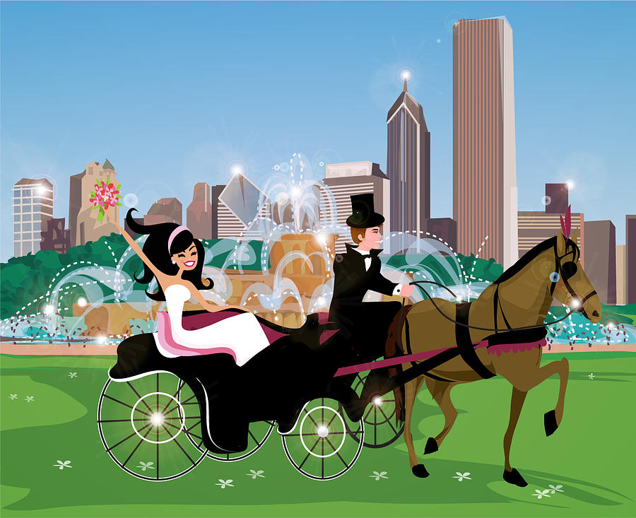 A bride on a horse carriage ride through a city park Drawing by Lulu