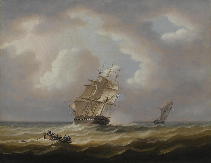 A British Frigate Hove-To With Her Jollyboat - Thomas Buttersworth Painting by War Is Hell Store