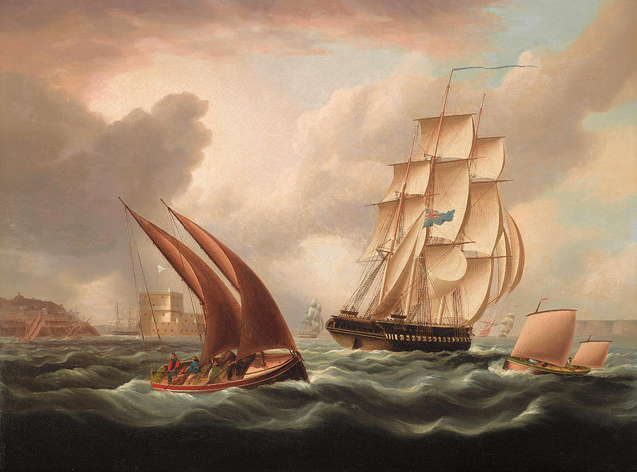 A British Frigate in the Tagus off Belem Castle Painting by James Edward Buttersworth