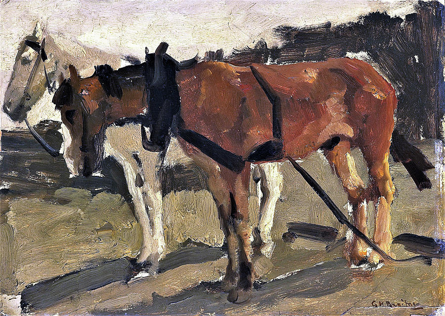 A Brown and a White Horse in Scheveningen - Digital Remastered Edition Painting by George Hendrik Breitner