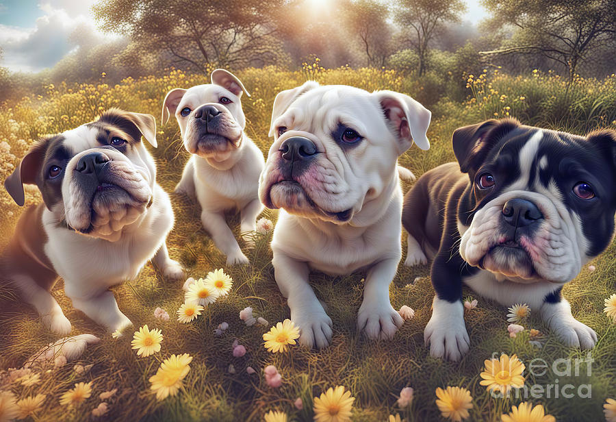 A Bunch of Cute Bull Dogs in Flowers Wide Angle Lens Cute. Bullies Mixed Media by Stephanie Laird