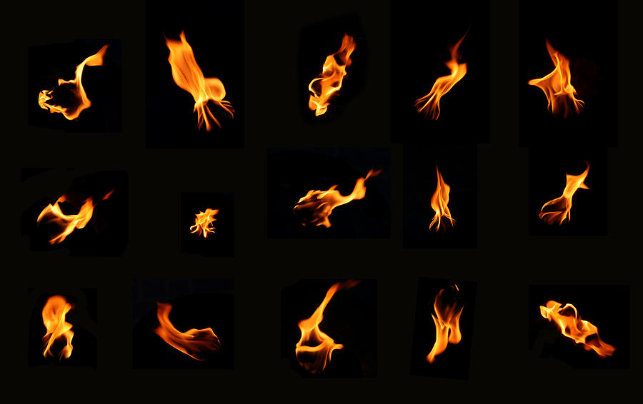 A bunch of icons of fire on a black background Photograph by Mashabuba
