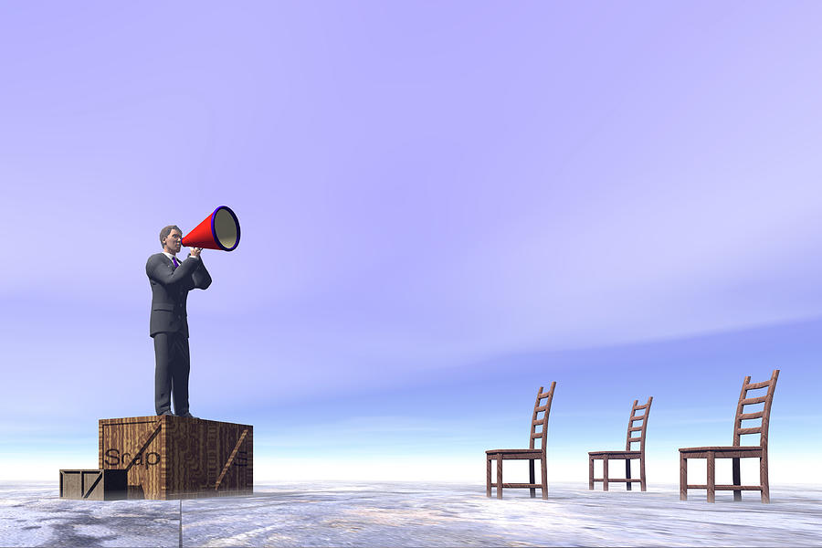 A Business Man Standing On A Soap Box Shouts Through A Megaphone Toward A Group Of Empty Chairs Drawing by Rubberball/Clark Dunbar