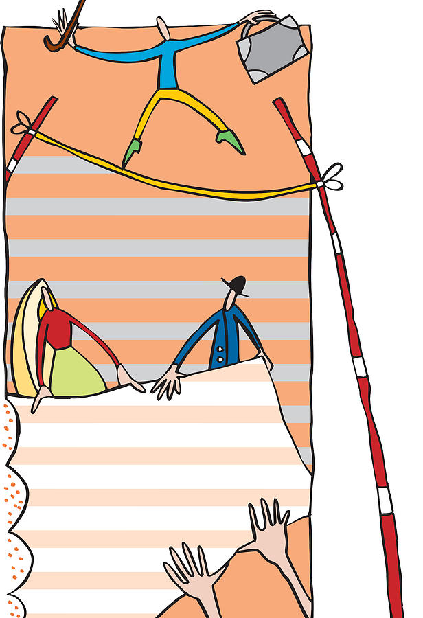 A businessman balancing on a tightrope while people hold a net below Drawing by Imagezoo