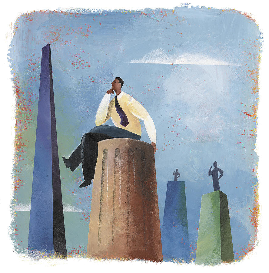 A businessman sitting on top of a column Drawing by Spark Studio