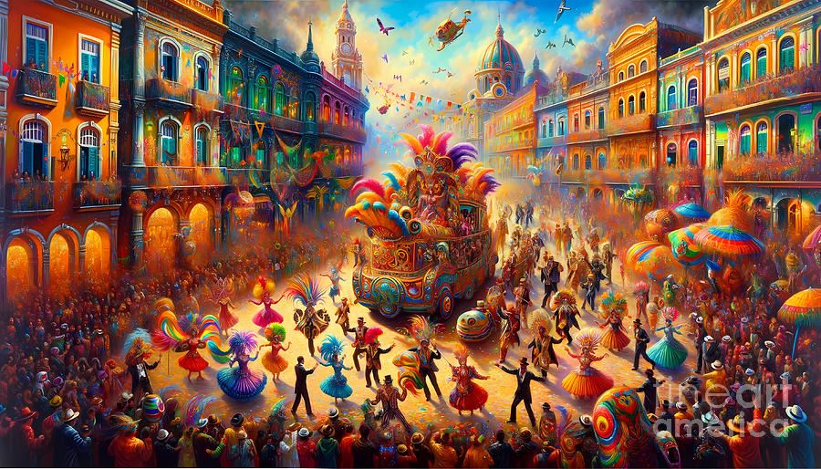 Musician Painting - A bustling colorful carnival in a South American city by Jeff Creation