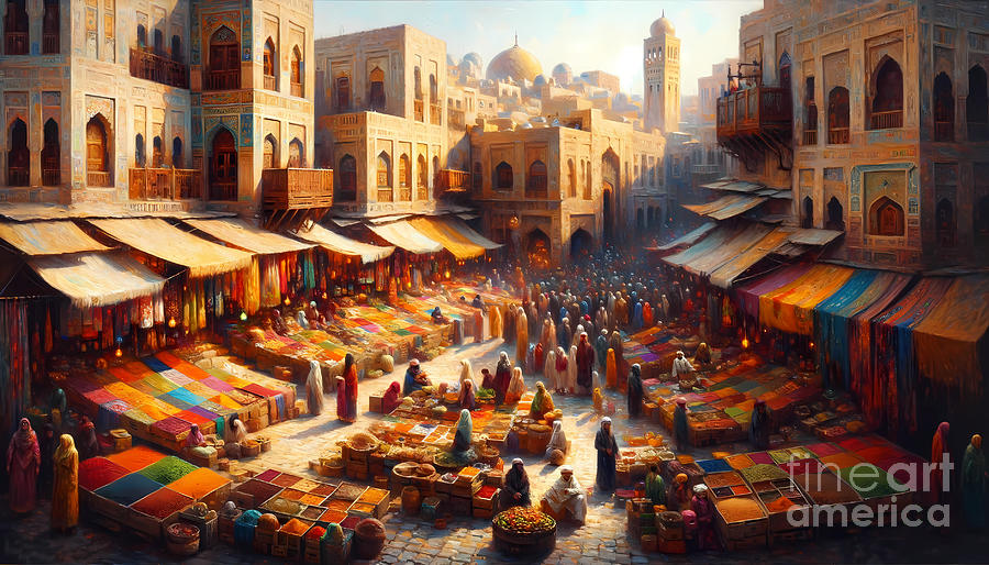 Architecture Painting - A bustling colorful market in an exotic ancient city by Jeff Creation