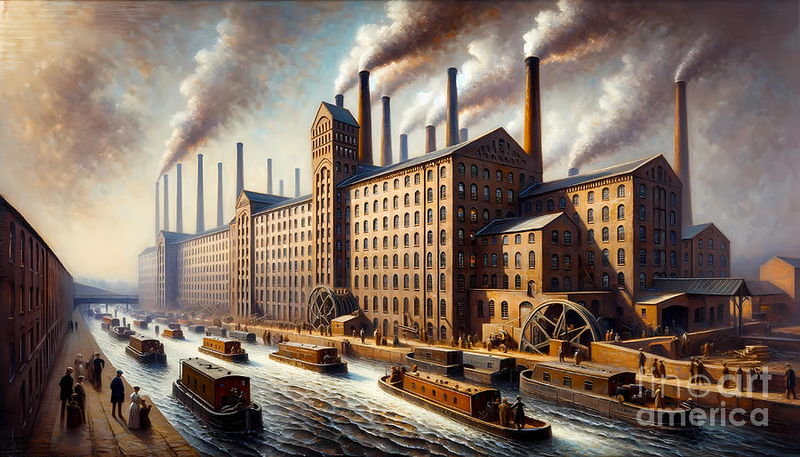Boat Painting - A bustling cotton mill during the Industrial Revolution, with smokestacks and canals. by Jeff Creation