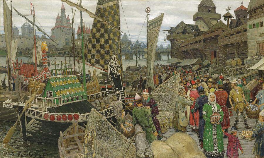 A bustling medieval harbor scene is depicted with a variety of individuals engaged in trade, convers Painting by MotionAge Designs