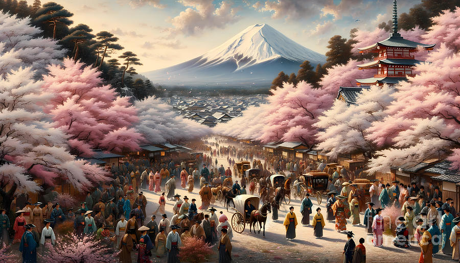 Nature Painting - A bustling scene at the foot of Mount Fuji, with cherry blossoms and Edo-period travelers. by Jeff Creation