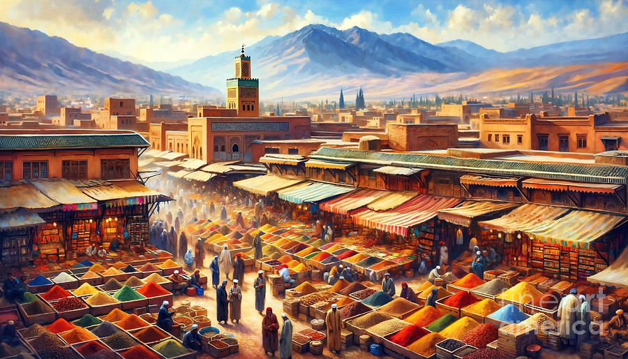 Architecture Painting - A bustling spice market in Marrakesh, with a backdrop of the Atlas Mountains. by Jeff Creation