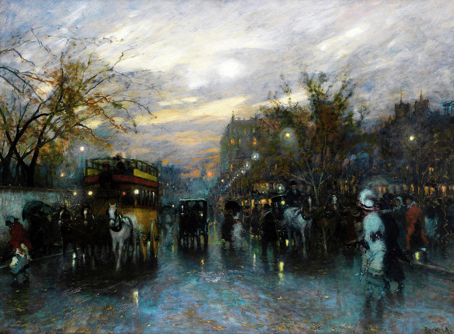 Impressionism Painting - A Busy Boulevard in the Evening by Antal Berkes