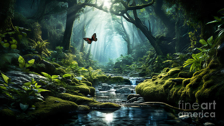  A butterfly flying over the stream in the depths of the fairytale forest. Digital Art by Odon Czintos
