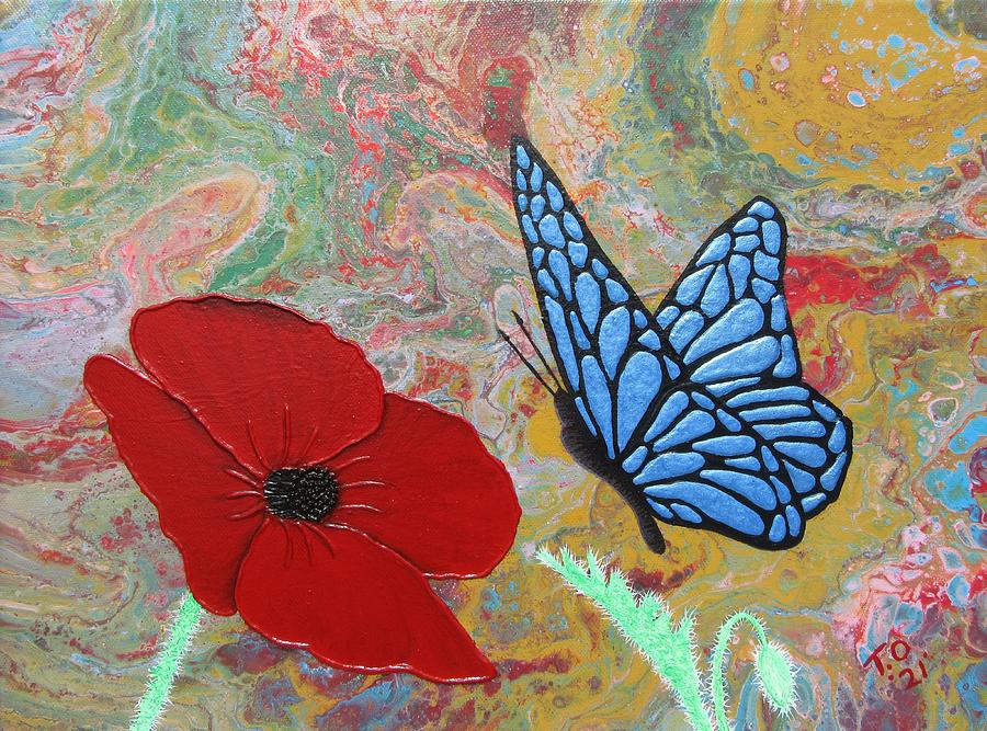 a Butterfly Meets The Poppy At Dawn Painting