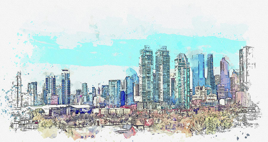 A Calgary Skyline, watercolor, ca 2020 by Ahmet Asar Digital Art by Celestial Images