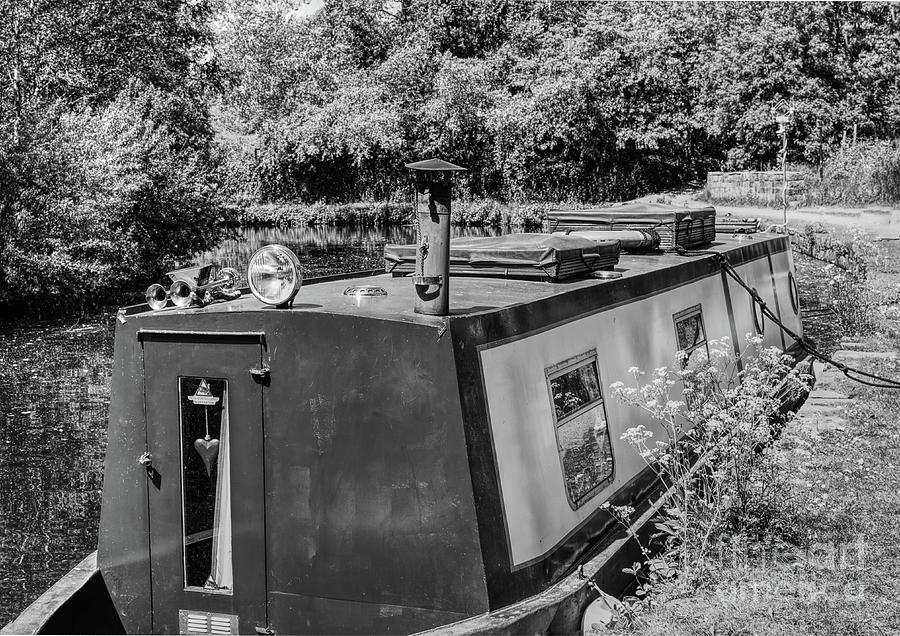A canal boat in Chadderton Hall Park in Monochrome Photograph by Pics By Tony