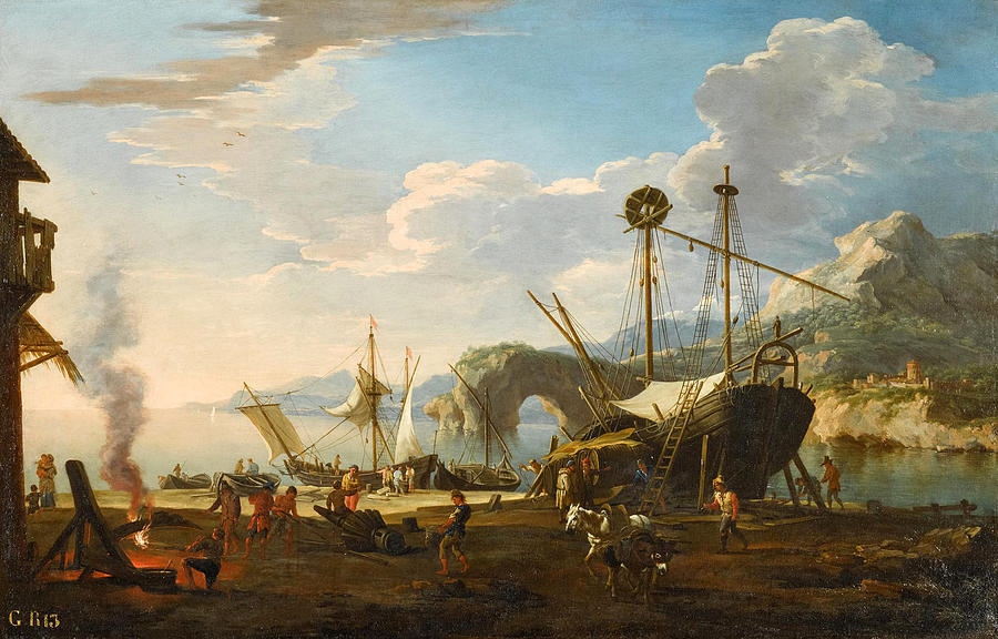 A Capriccio Harbour Scene in a Mediterranean Bay Painting by Jacob de Heusch
