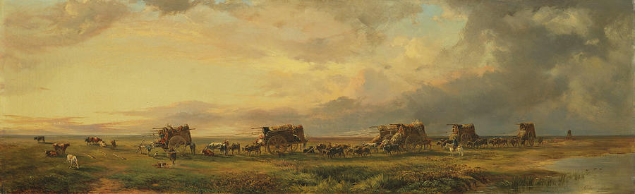 A Caravan Of Gauchos And Their Wagons Crossing The Pampas Painting