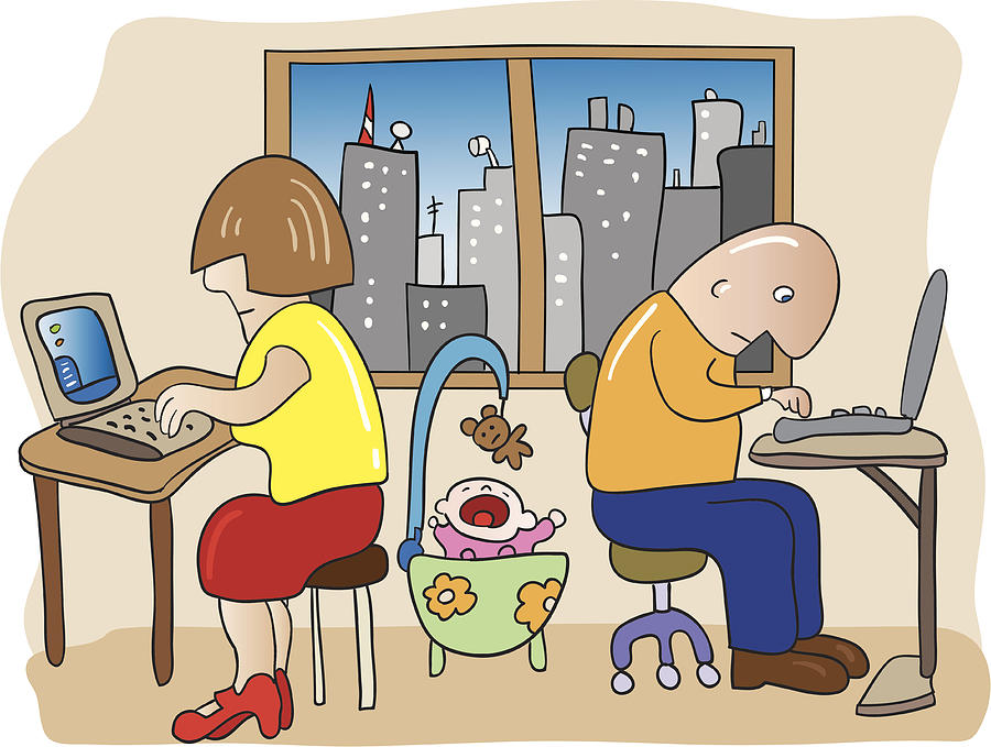 A cartoon depiction of a family working on computers Drawing by MirekP