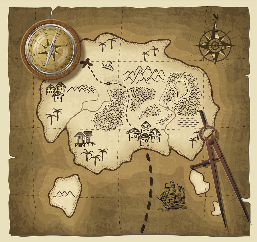 A cartoon drawing of a map with a compass Drawing by OktalStudio
