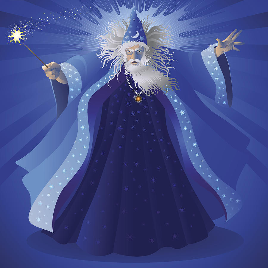 A cartoon image of a blue wizard with a white beard Drawing by Skeeg