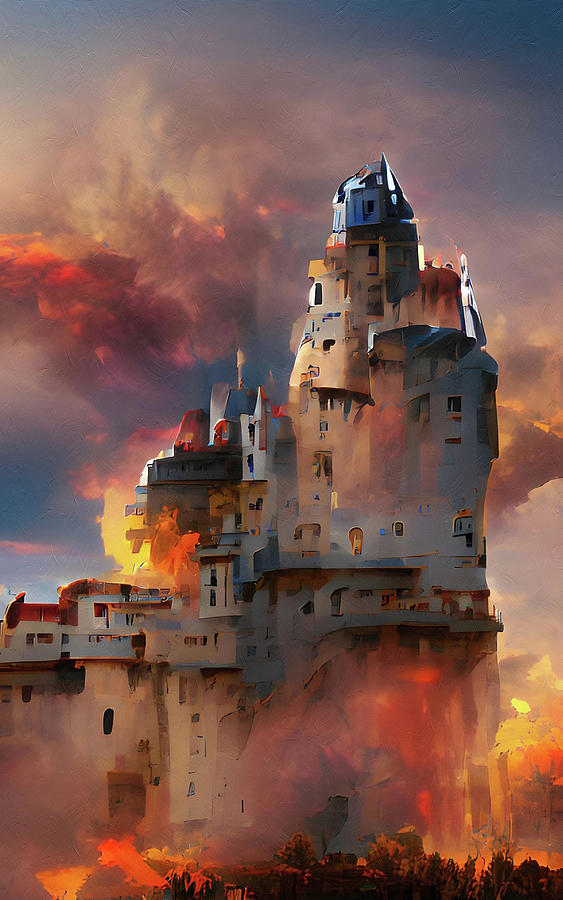A Castle Ablaze In The Summer Heat Fantasy Art Mixed Media by Georgiana Romanovna