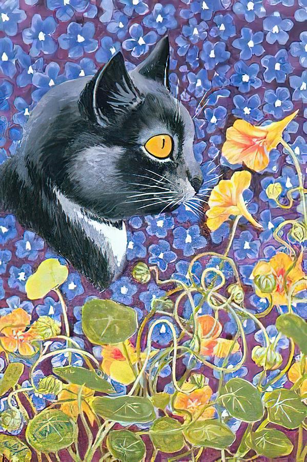 A Cat in a Sea of Flowers Drawing by DHBubble - Fine Art America