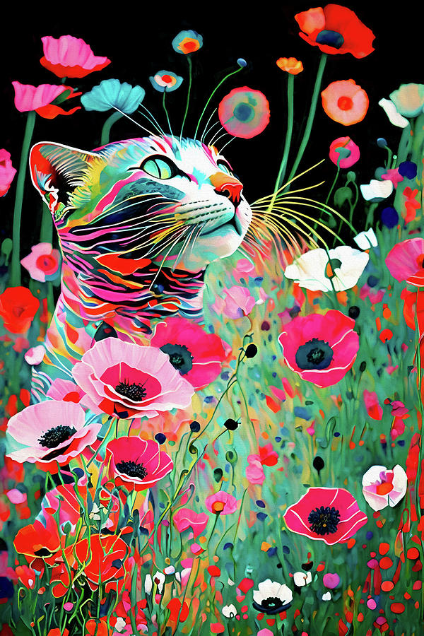 A Cat in the Poppy Garden Digital Art by Peggy Collins