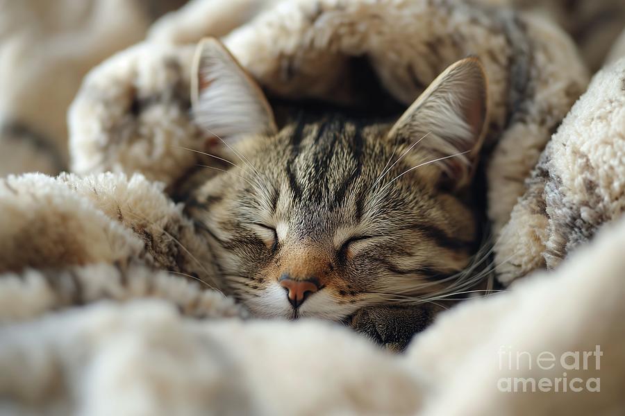 A cat peacefully sleeps on top of a bed, wrapped in a cozy blanket. Photograph by Joaquin Corbalan