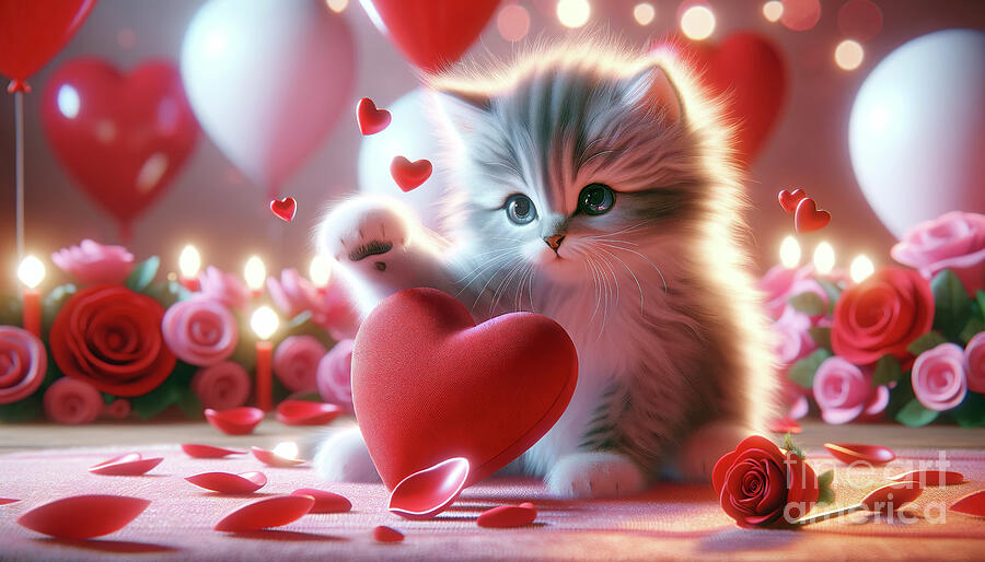 A charming kitten gently touches a red heart  Digital Art by Odon Czintos