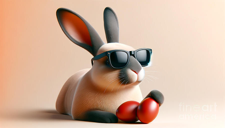 A charming rabbit with stylish sunglasses sits calmly and holds two red eggs. Digital Art by Odon Czintos