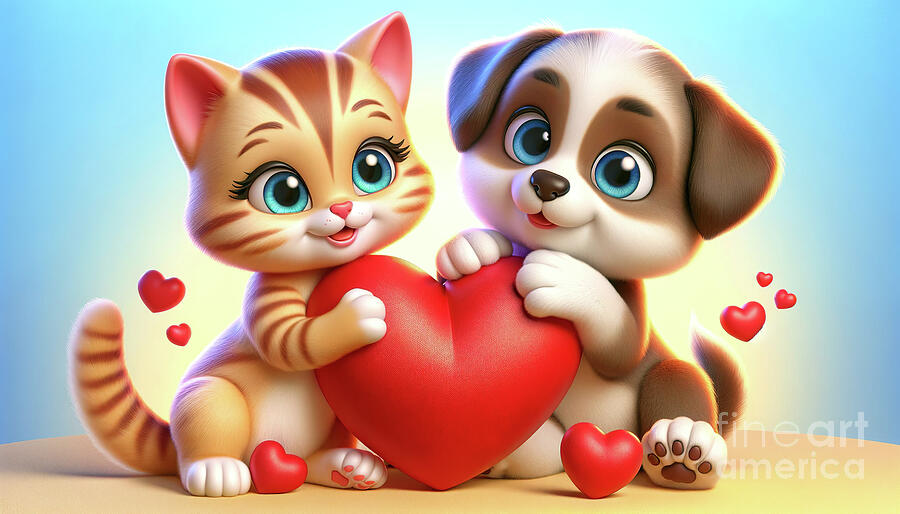 A cheerful striped kitten and a brown and white puppy are depicted with large, expressive eyes Digital Art by Odon Czintos