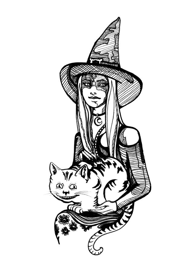 A Cheshire Cat and their Witch Drawing by Katherine Nutt